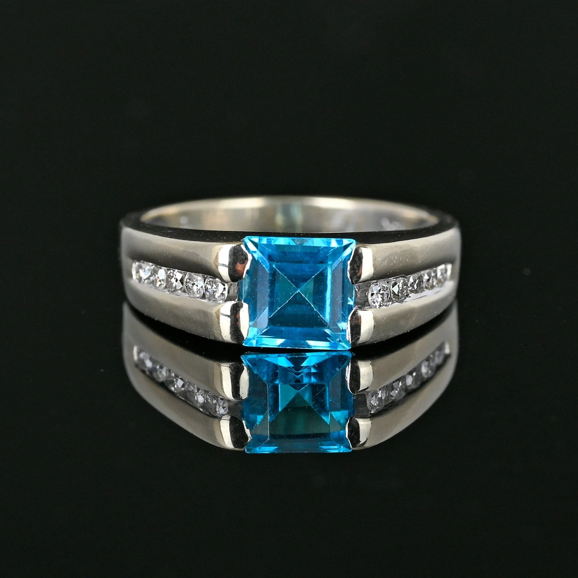 Estate Diamond Blue Topaz Ring in 14K White Gold