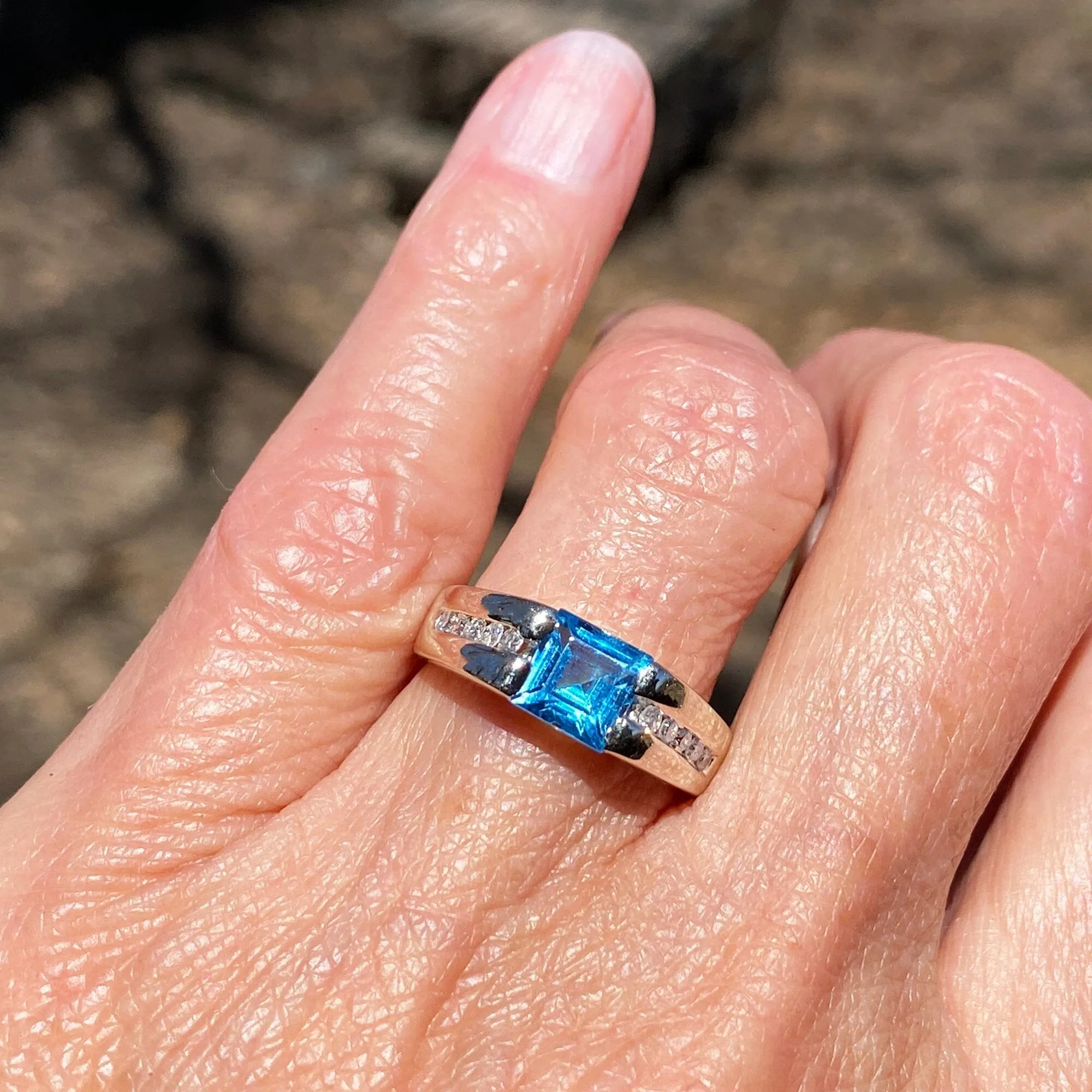 Estate Diamond Blue Topaz Ring in 14K White Gold