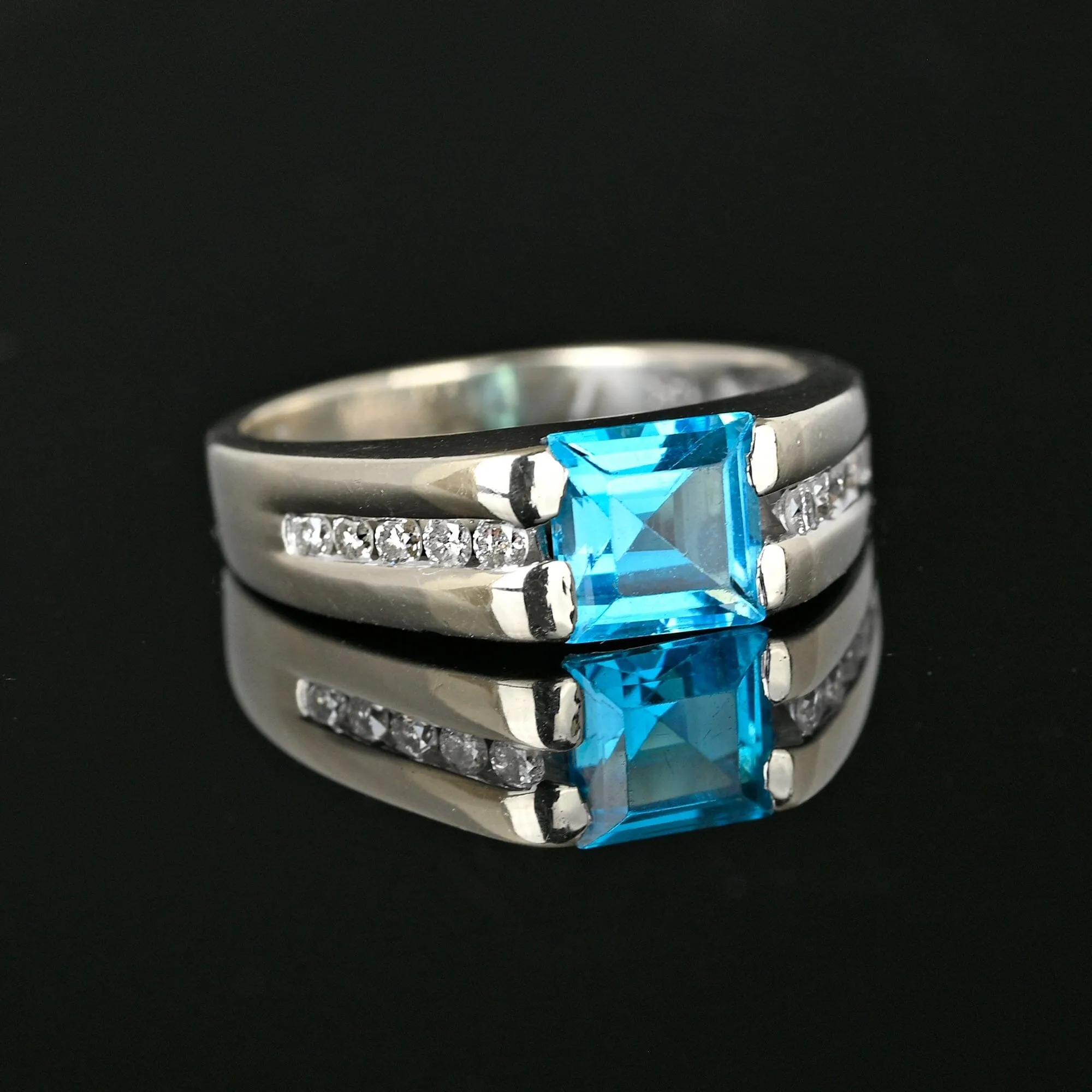 Estate Diamond Blue Topaz Ring in 14K White Gold