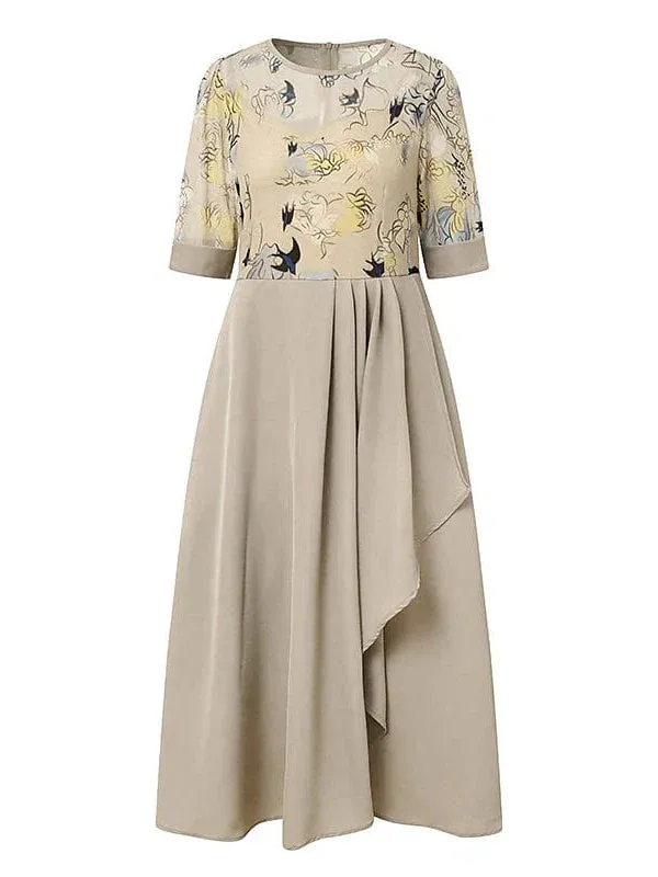 Floral Patchwork Vintage Midi Dress with Half Sleeves