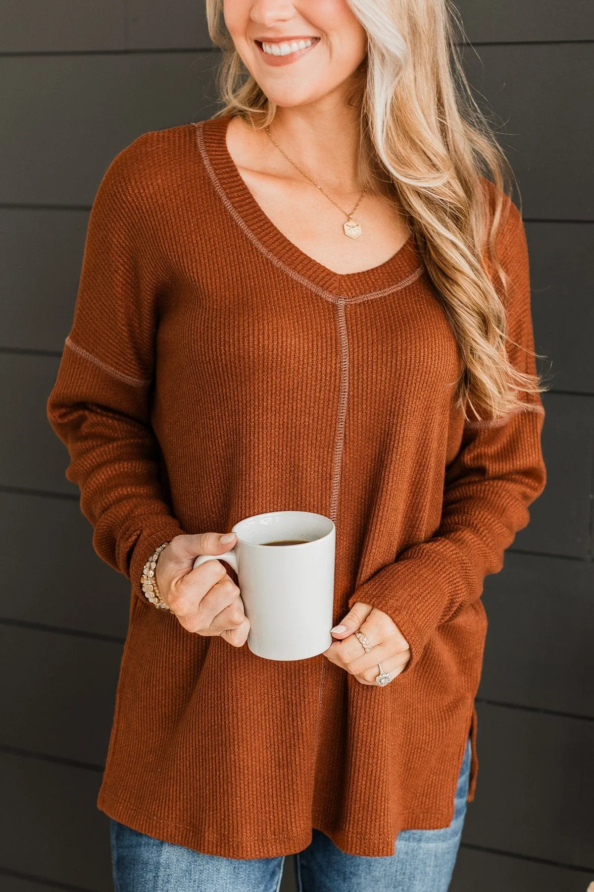 Got Your Attention Waffle Knit Top- Copper