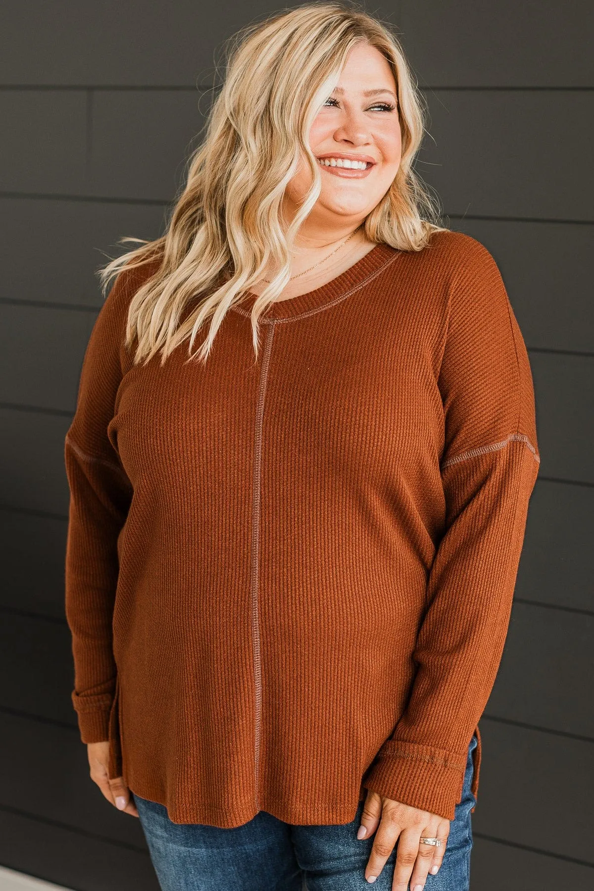 Got Your Attention Waffle Knit Top- Copper