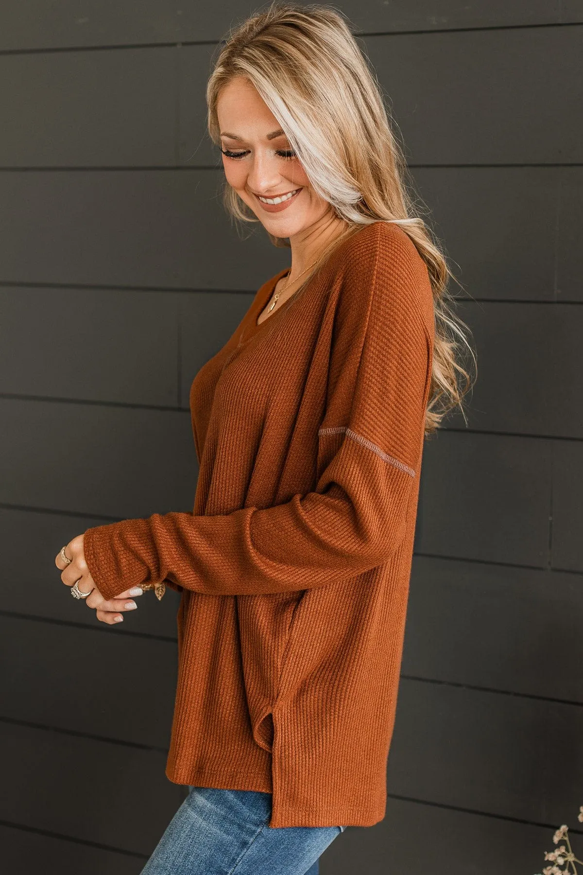 Got Your Attention Waffle Knit Top- Copper