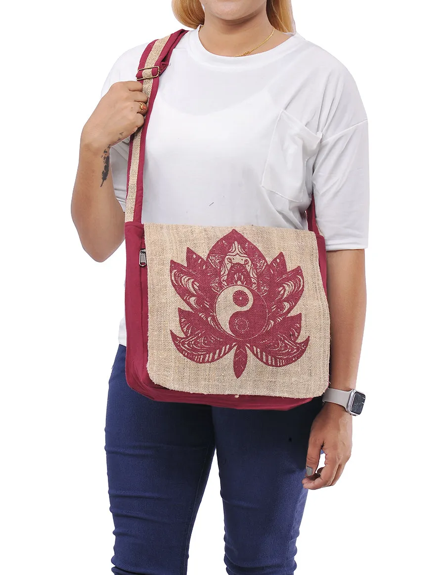 Graphic Hemp Cotton Messenger Bag Ying Yang Leaf