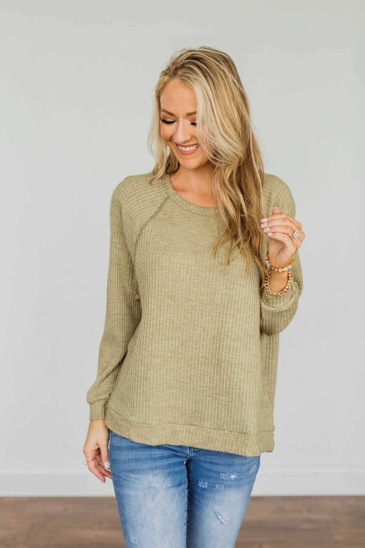 How It Goes Waffle Knit Top- Olive