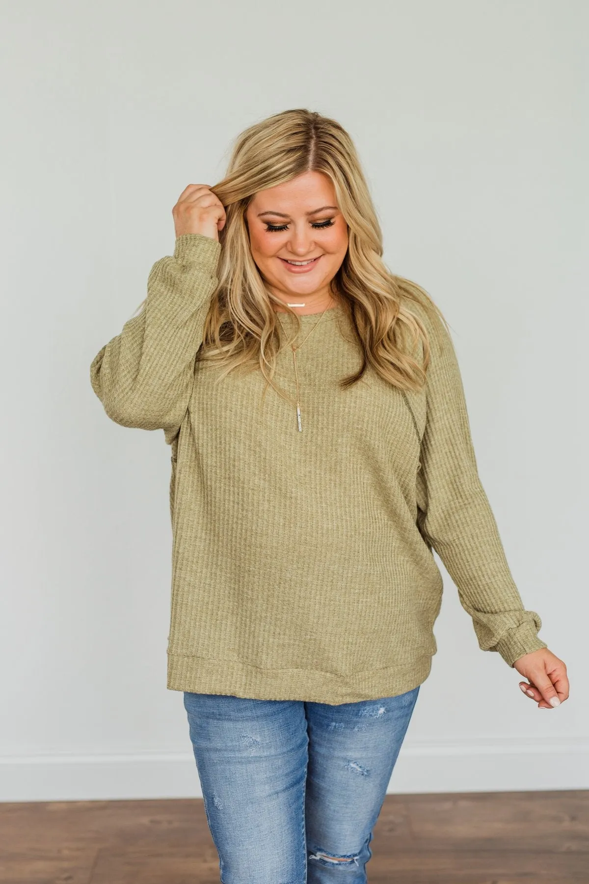 How It Goes Waffle Knit Top- Olive