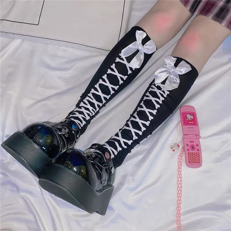 INS PUNK BOW SOFTGIRL Y2K KNEE SOCKS BY90194