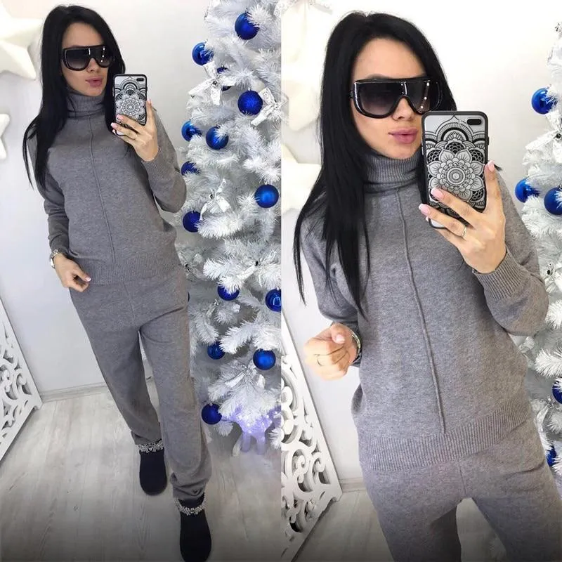 Knitted Winter 2 Piece Tracksuit Clothing Set with Turtleneck Sweatshirts