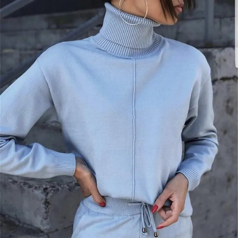 Knitted Winter 2 Piece Tracksuit Clothing Set with Turtleneck Sweatshirts