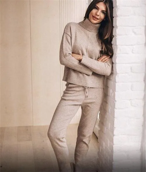 Knitted Winter 2 Piece Tracksuit Clothing Set with Turtleneck Sweatshirts