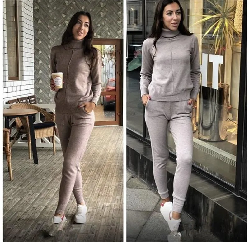 Knitted Winter 2 Piece Tracksuit Clothing Set with Turtleneck Sweatshirts