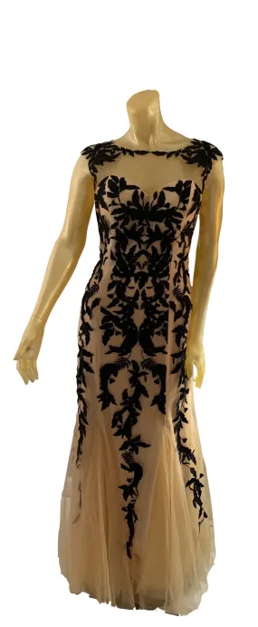 Leaf lace evening gown with black wrap