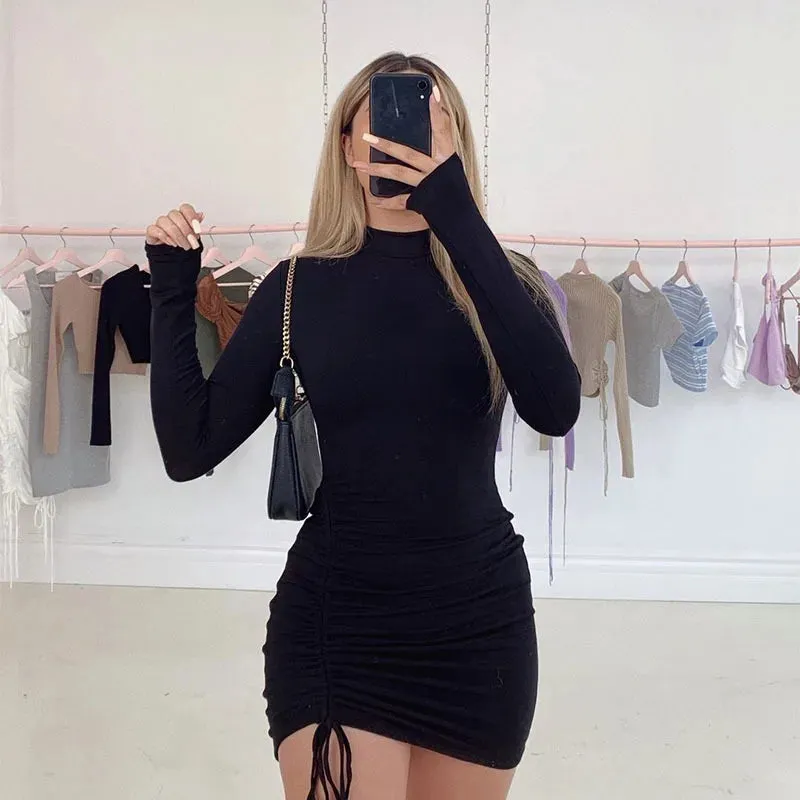 Long Sleeve Ruched Bodycon Turtleneck Bandage Mini Dress