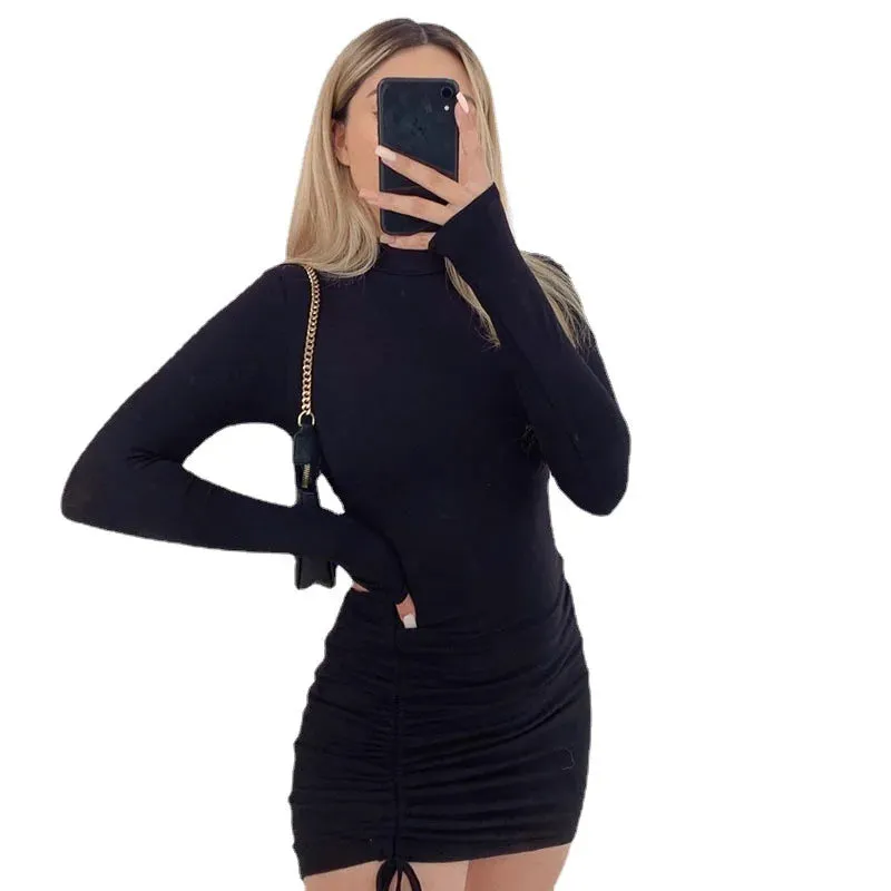 Long Sleeve Ruched Bodycon Turtleneck Bandage Mini Dress