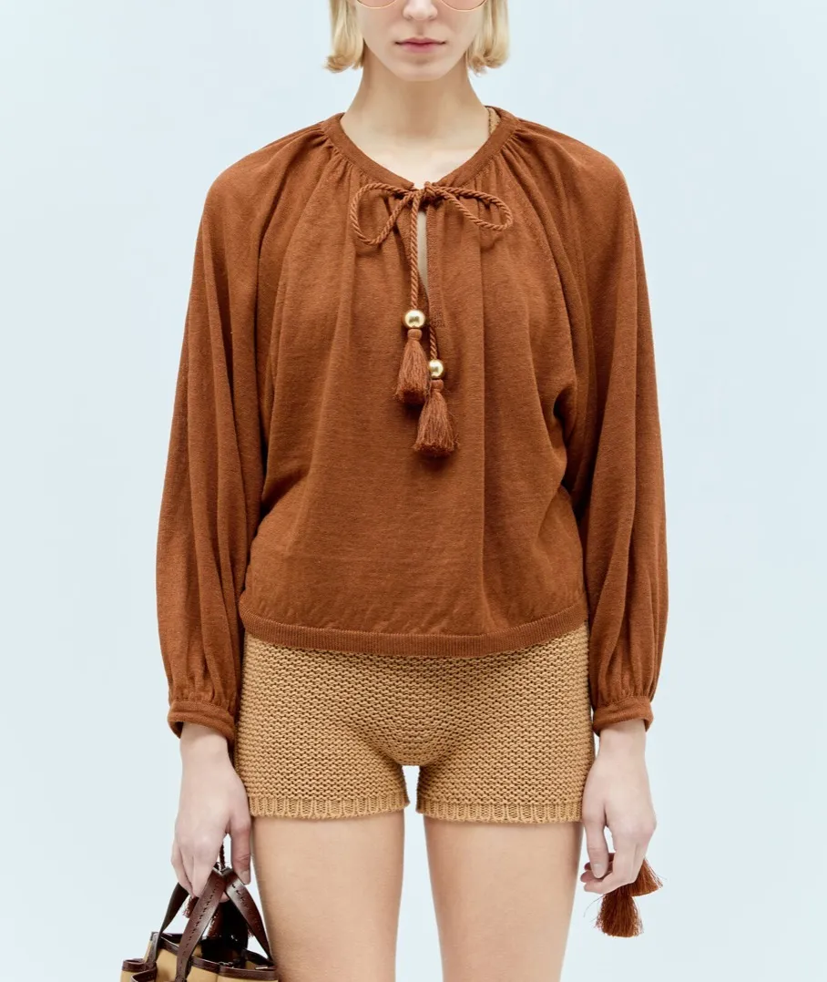 MaxMara  |Linen Tassel Long Sleeves Plain V-neck & Crew neck