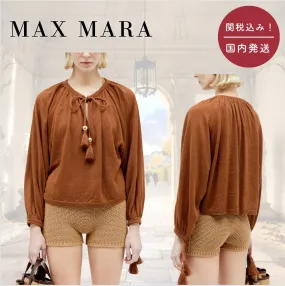 MaxMara  |Linen Tassel Long Sleeves Plain V-neck & Crew neck