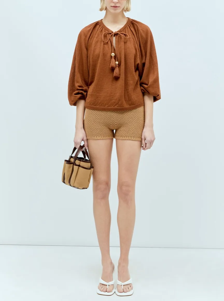 MaxMara  |Linen Tassel Long Sleeves Plain V-neck & Crew neck