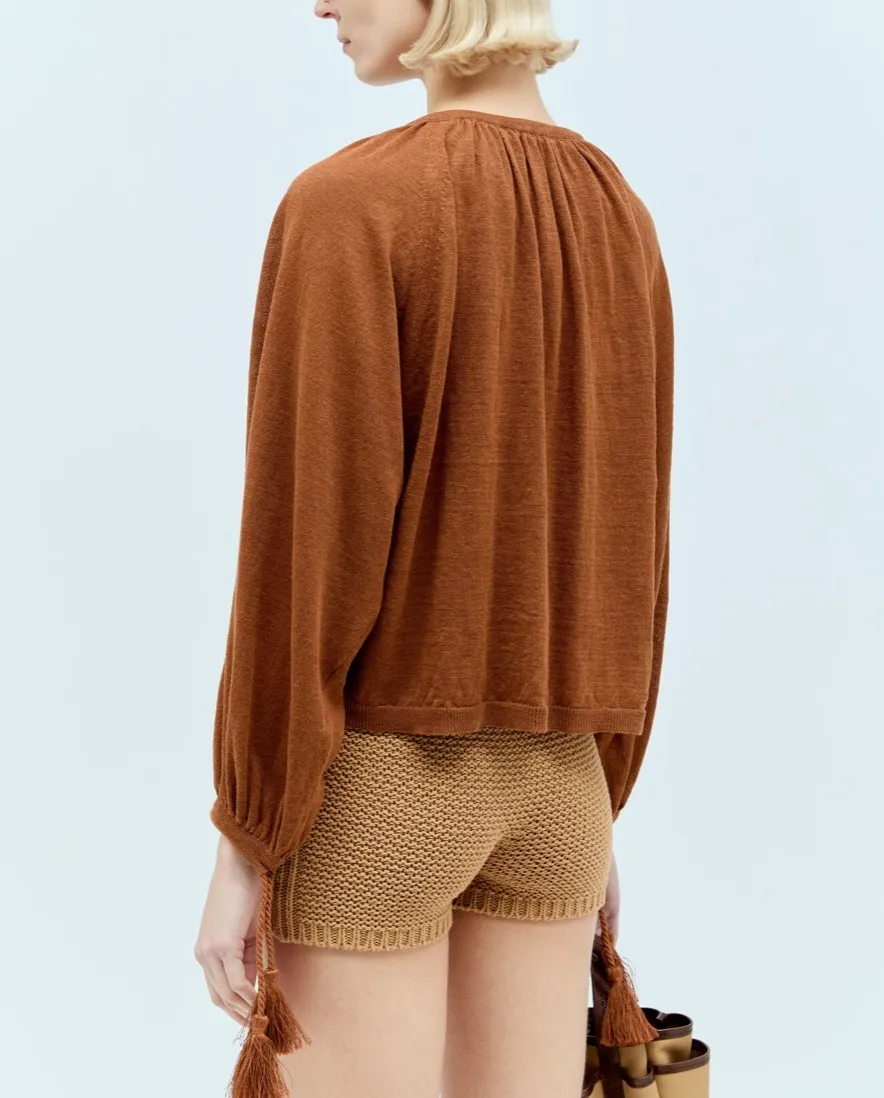 MaxMara  |Linen Tassel Long Sleeves Plain V-neck & Crew neck