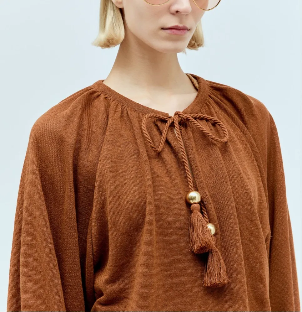 MaxMara  |Linen Tassel Long Sleeves Plain V-neck & Crew neck