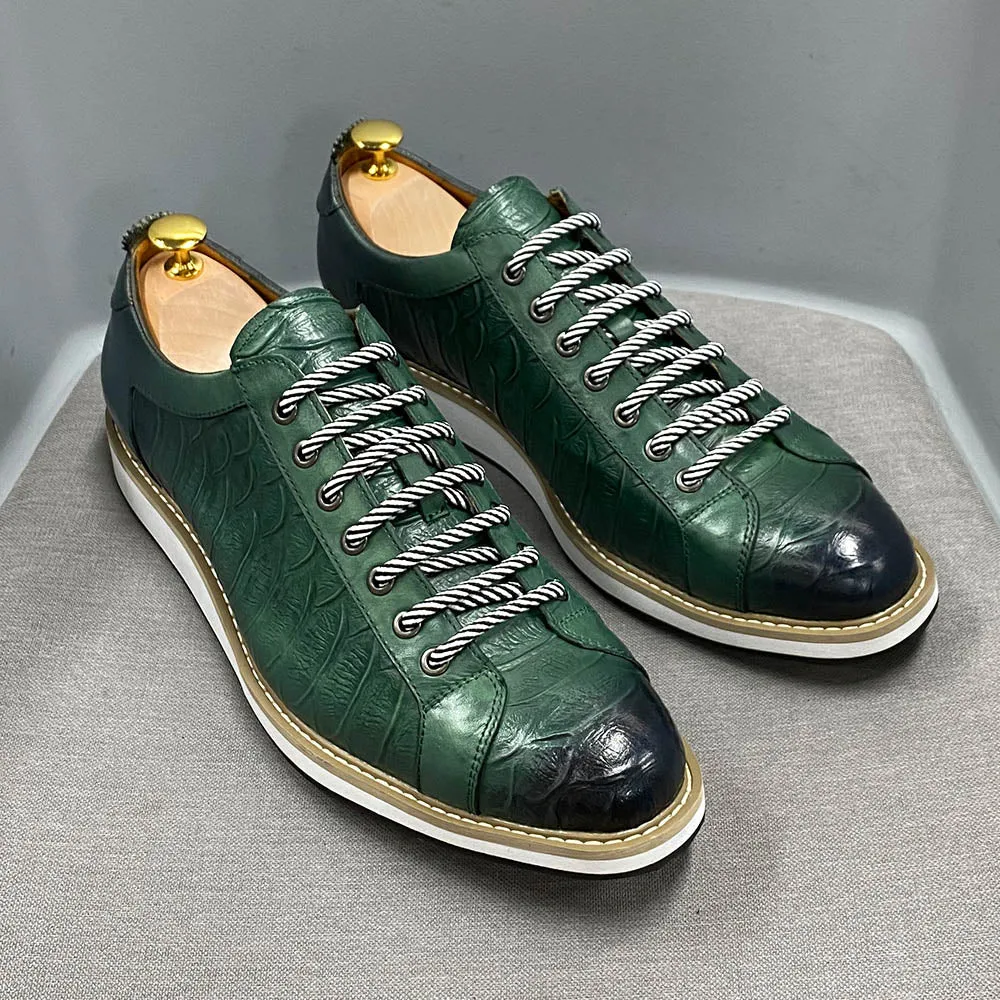 Men's Genuine Cow Leather Crocodile Print Lace Up Casual Shoes