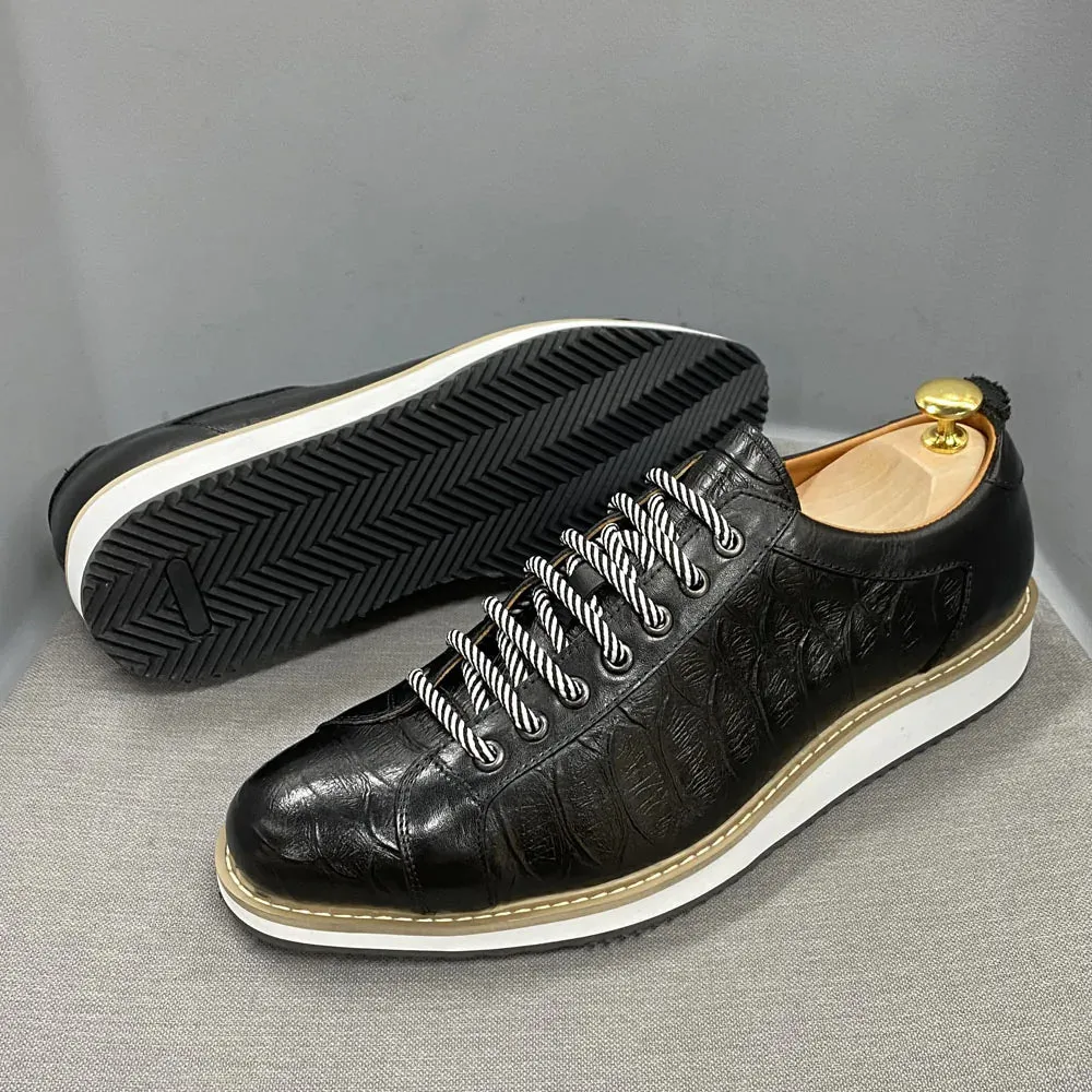 Men's Genuine Cow Leather Crocodile Print Lace Up Casual Shoes