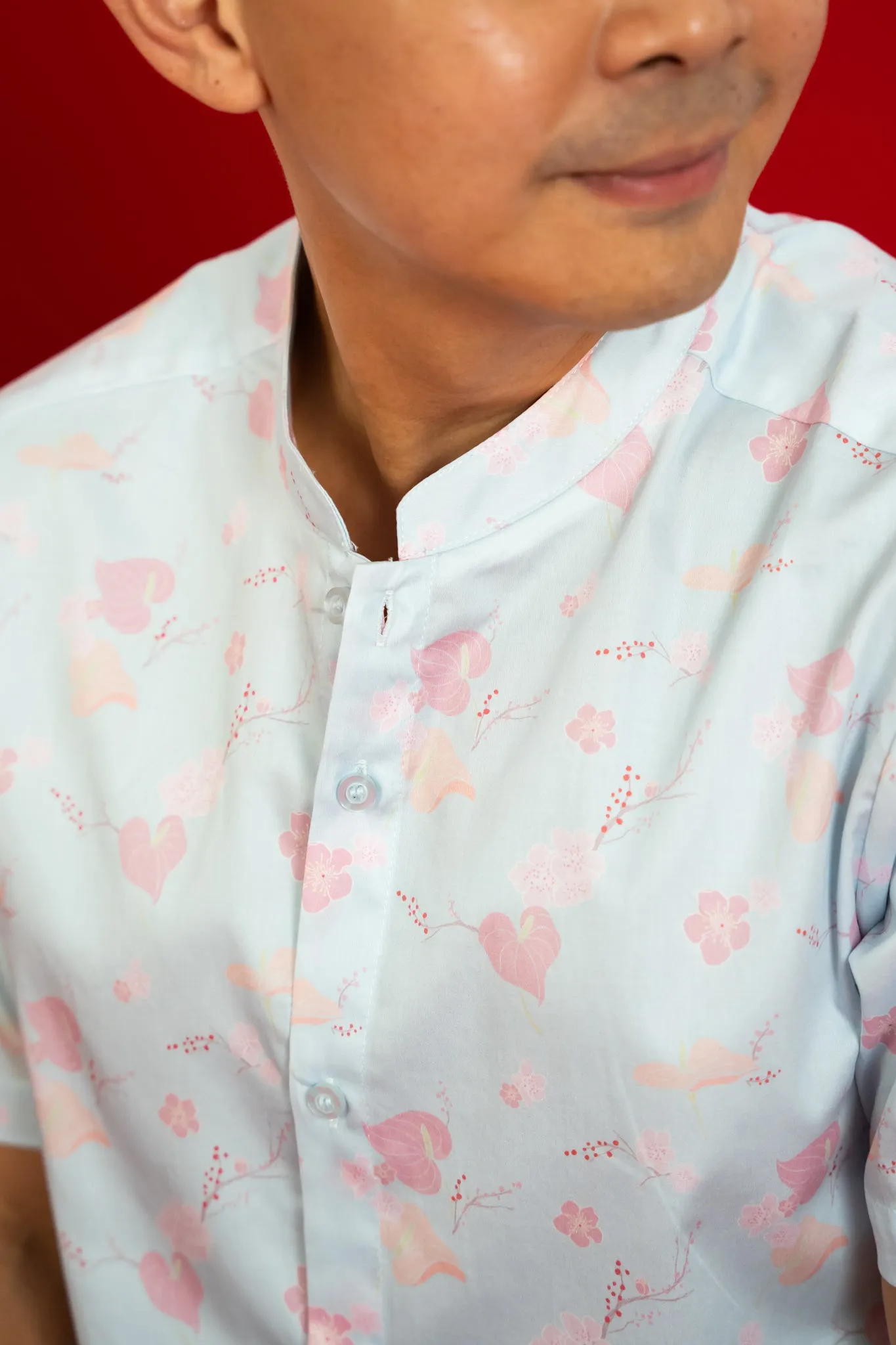 Men's Mandarin-collared Shirt - Blue Blossom Lily