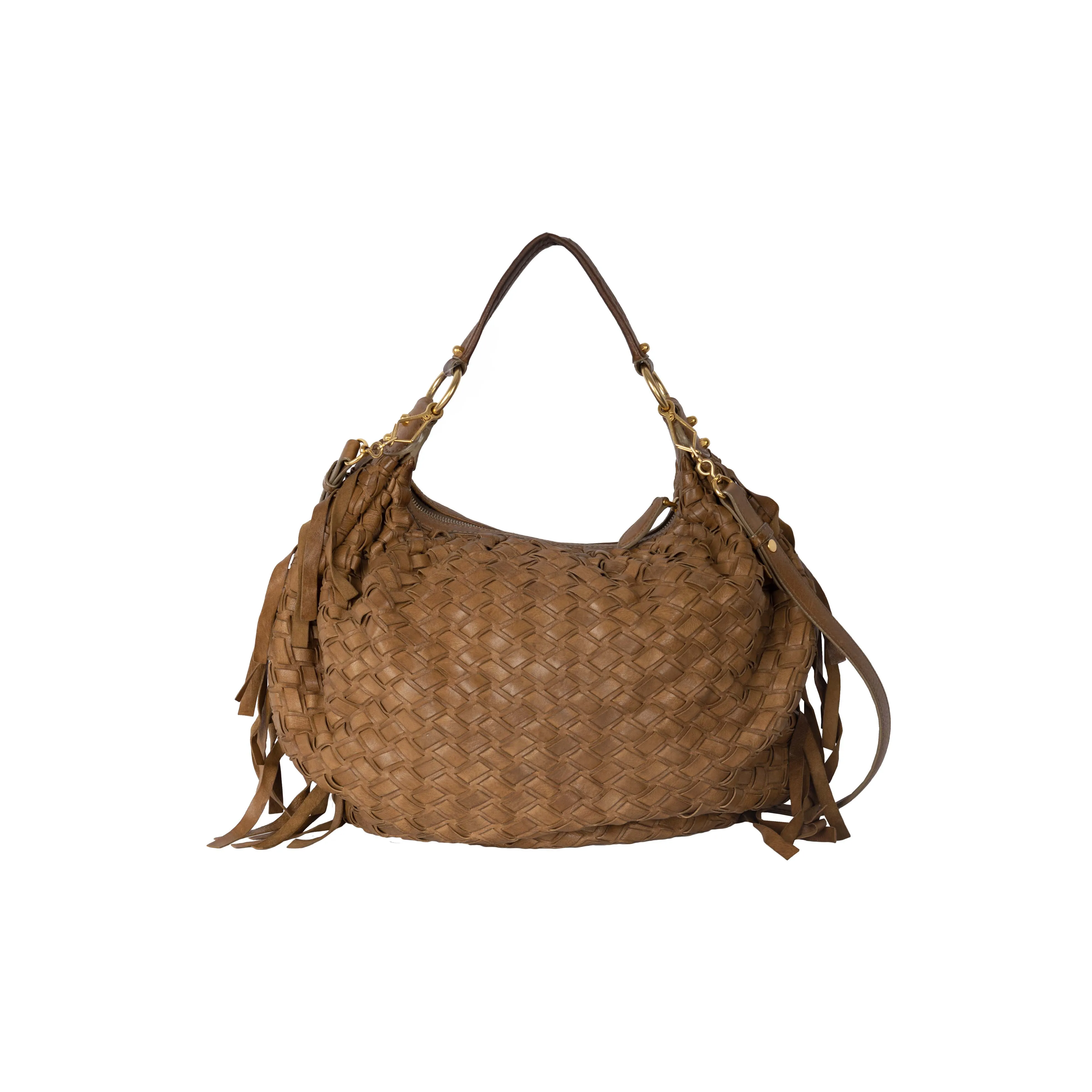 Miu Miu Woven Leather Fringe Hobo - '10s