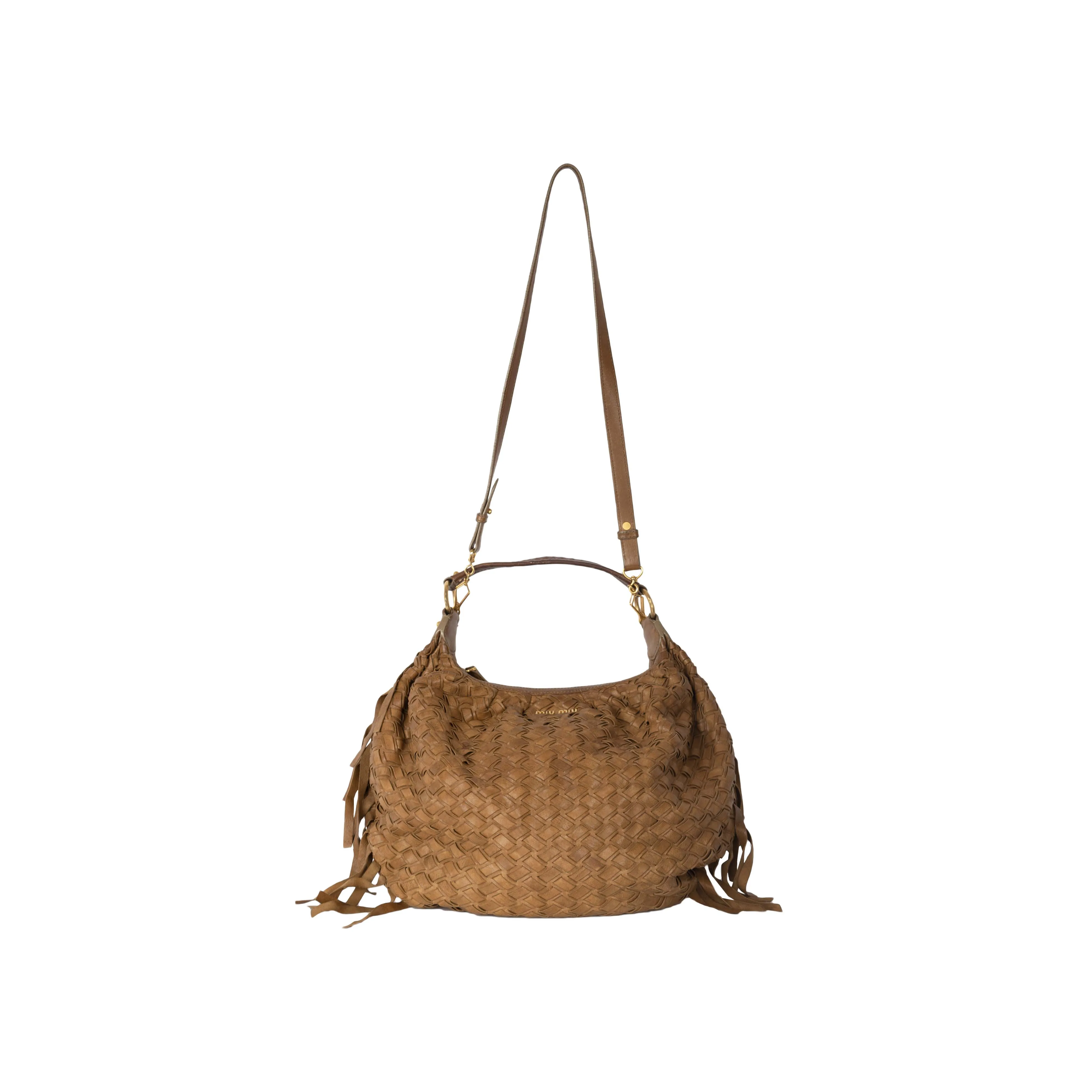 Miu Miu Woven Leather Fringe Hobo - '10s