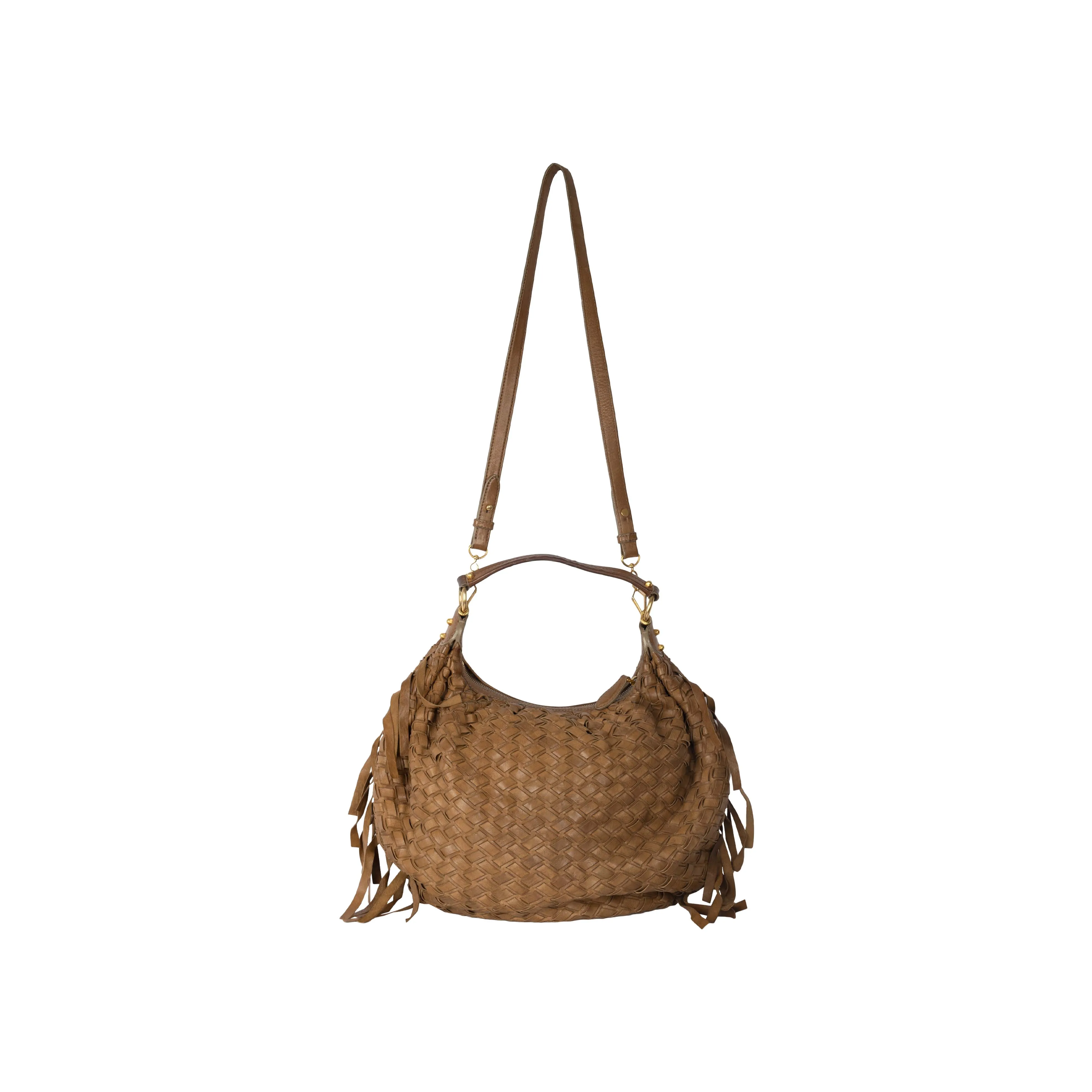 Miu Miu Woven Leather Fringe Hobo - '10s