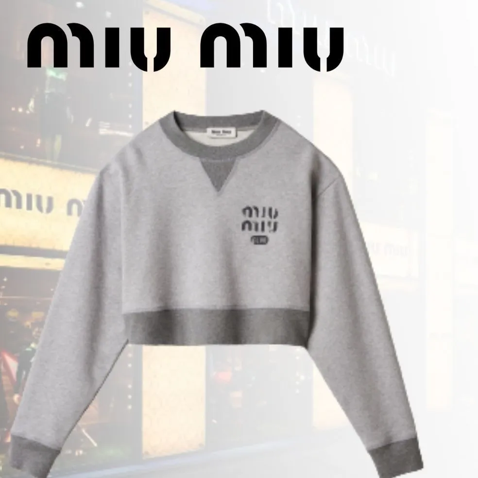 MiuMiu  |Crew Neck Rib Long Sleeves Plain Cotton Logo