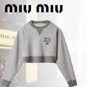 MiuMiu  |Crew Neck Rib Long Sleeves Plain Cotton Logo