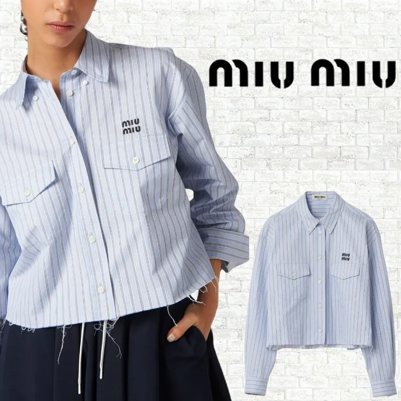 MiuMiu  |Stripes Long Sleeves Cotton Shirts & Blouses