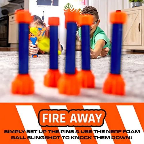 NERF Slingshot Challenge - Kids Slingshot Bowling Game Set - Toy Slingshot Target Game for Kids - Foam Ball Slingshot + NERF Bal