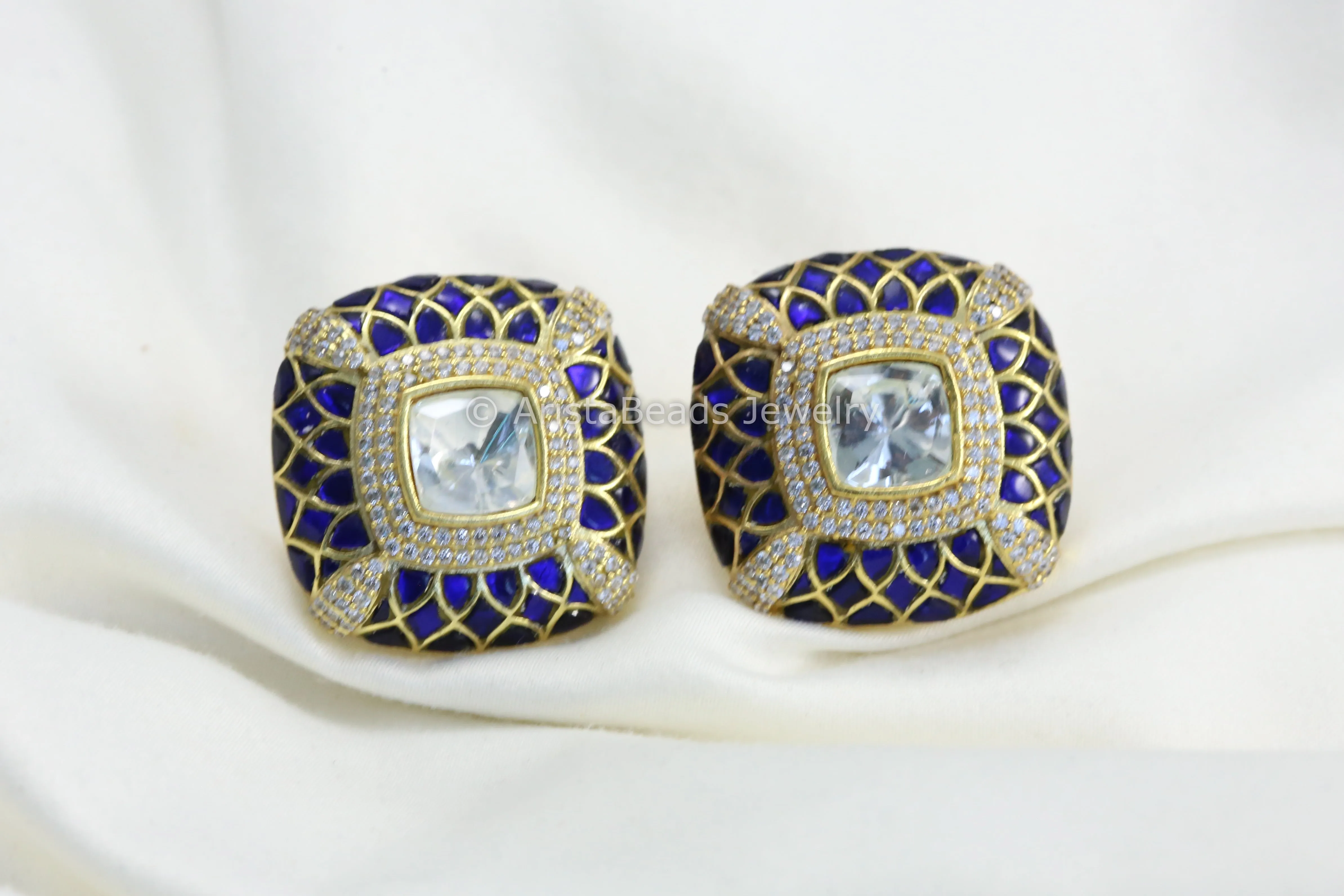 Next To Real Large Moissanite Polki & Jadau Stone Studs -Blue