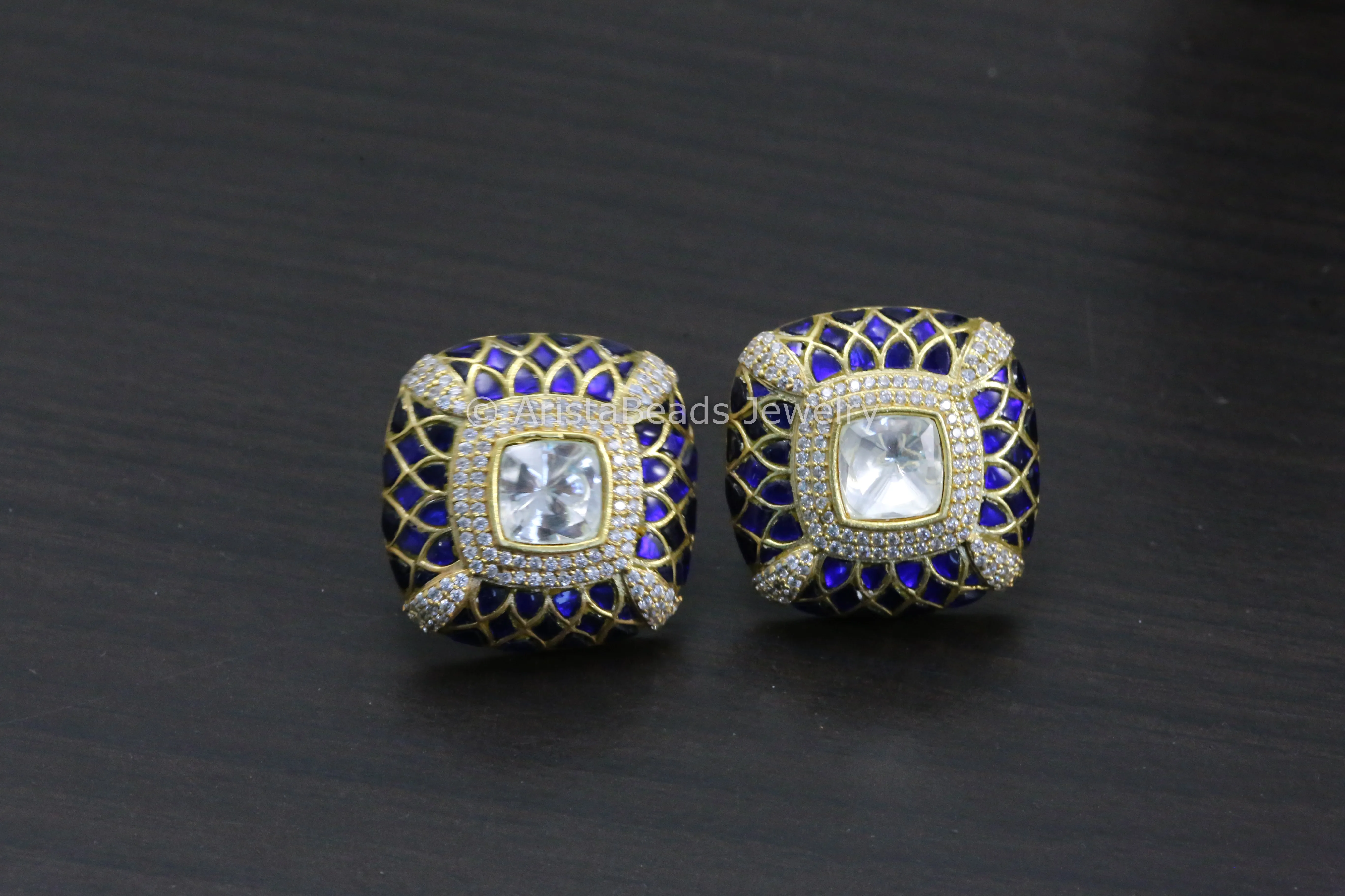 Next To Real Large Moissanite Polki & Jadau Stone Studs -Blue