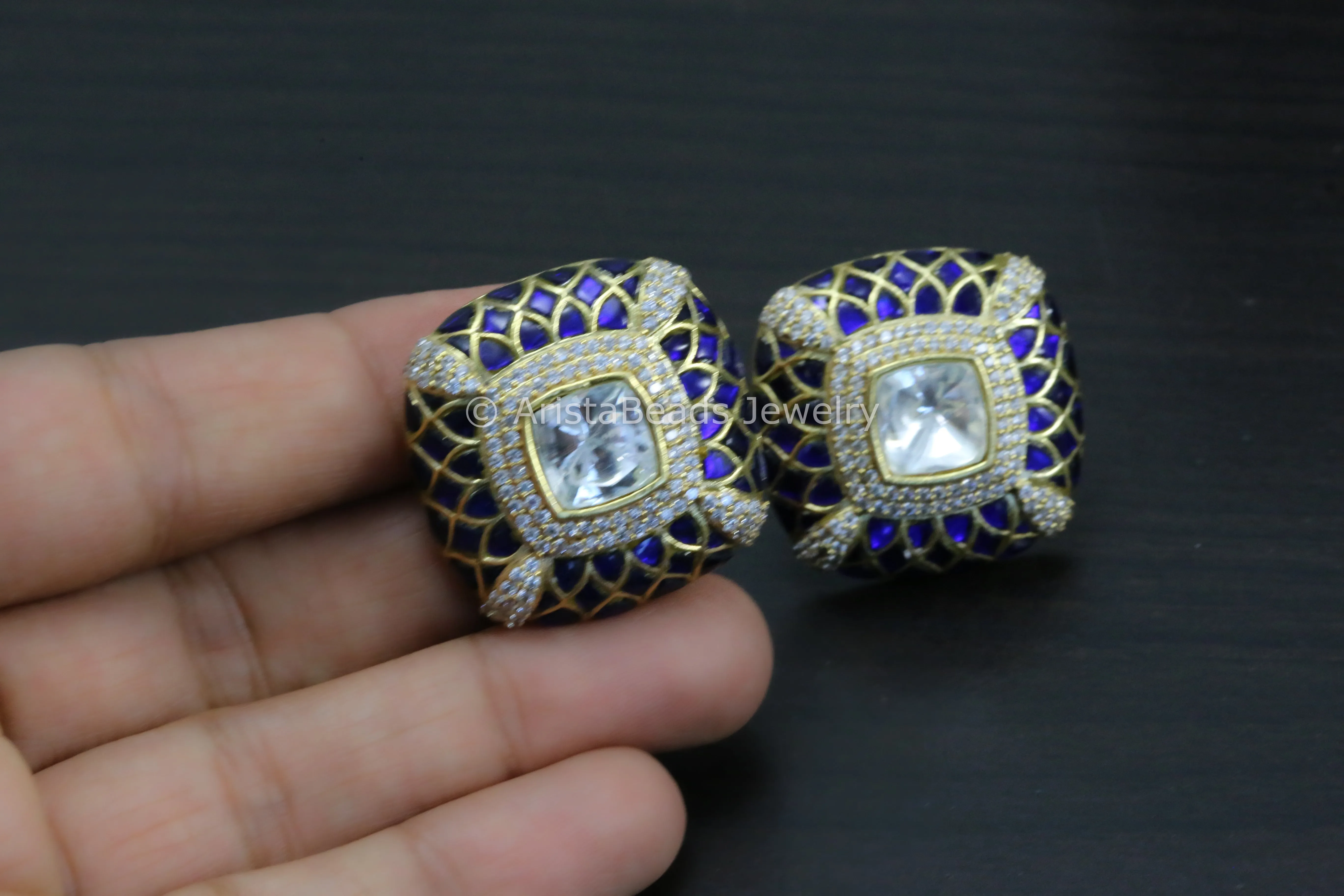 Next To Real Large Moissanite Polki & Jadau Stone Studs -Blue