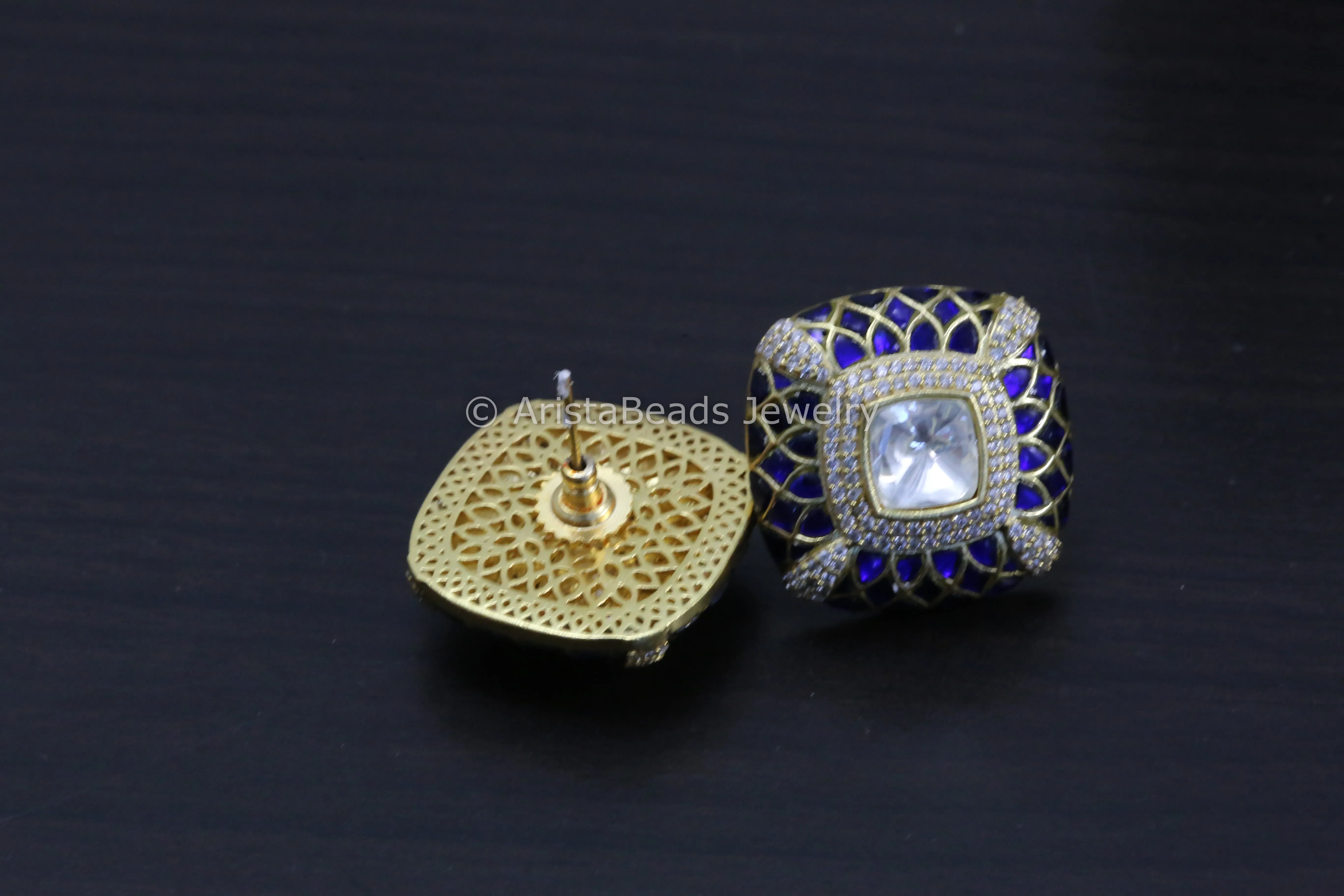 Next To Real Large Moissanite Polki & Jadau Stone Studs -Blue