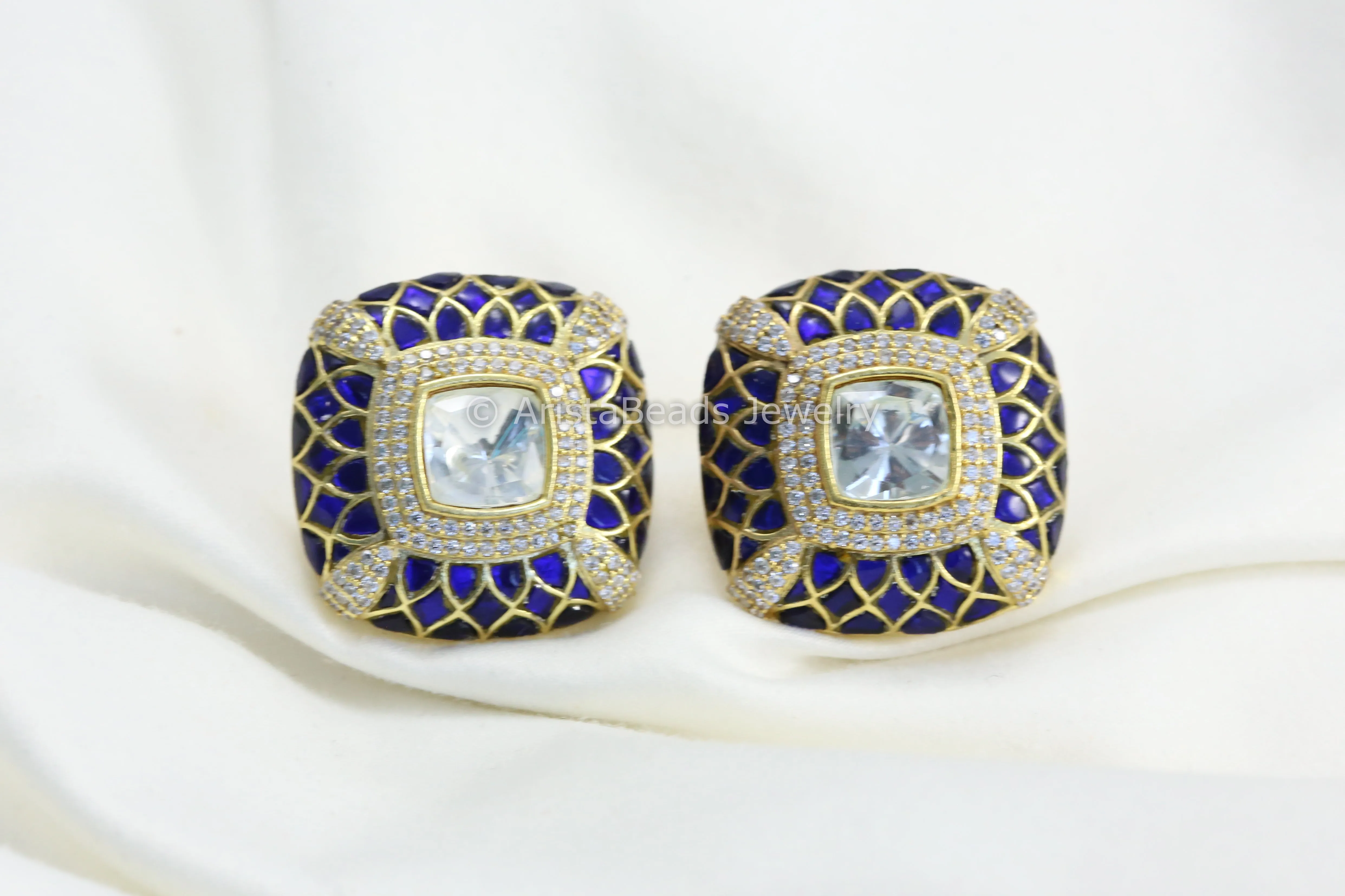 Next To Real Large Moissanite Polki & Jadau Stone Studs -Blue