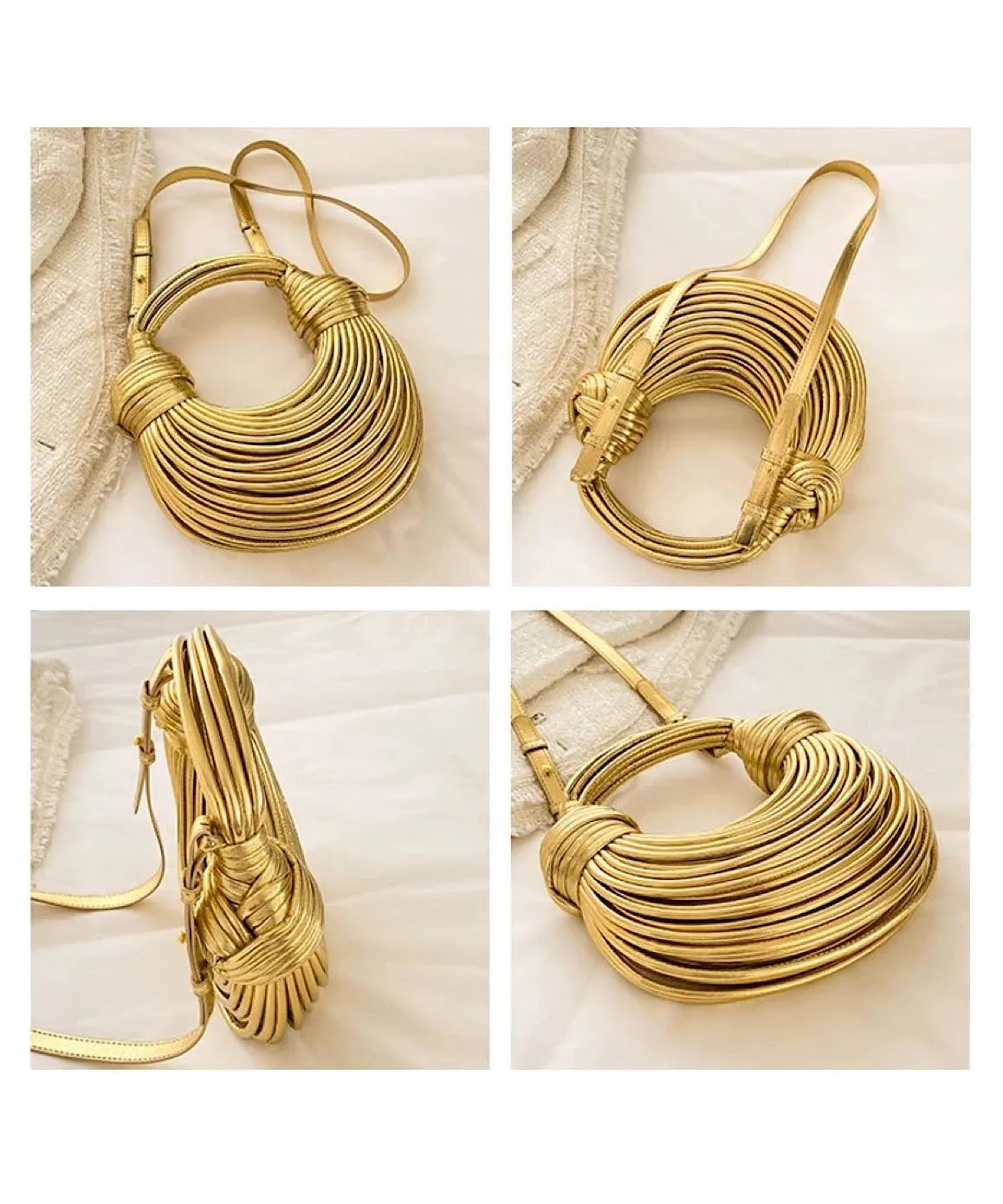 Noodle Rope Knotted Hobo Handbag In Gold