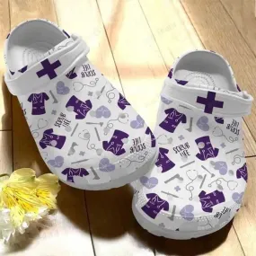 Nurse Scrub Life Nursing Job Symbols Pattern Purple Crocs Crocband Clog Shoes – 90sfootwear