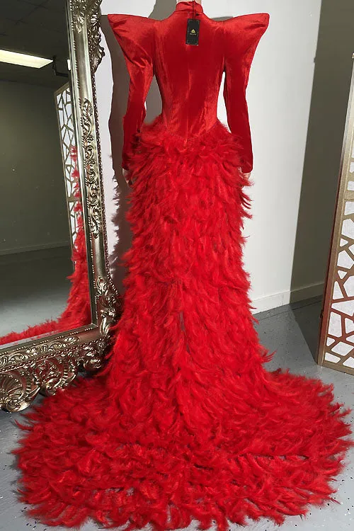 Oscars Red Feather Dress