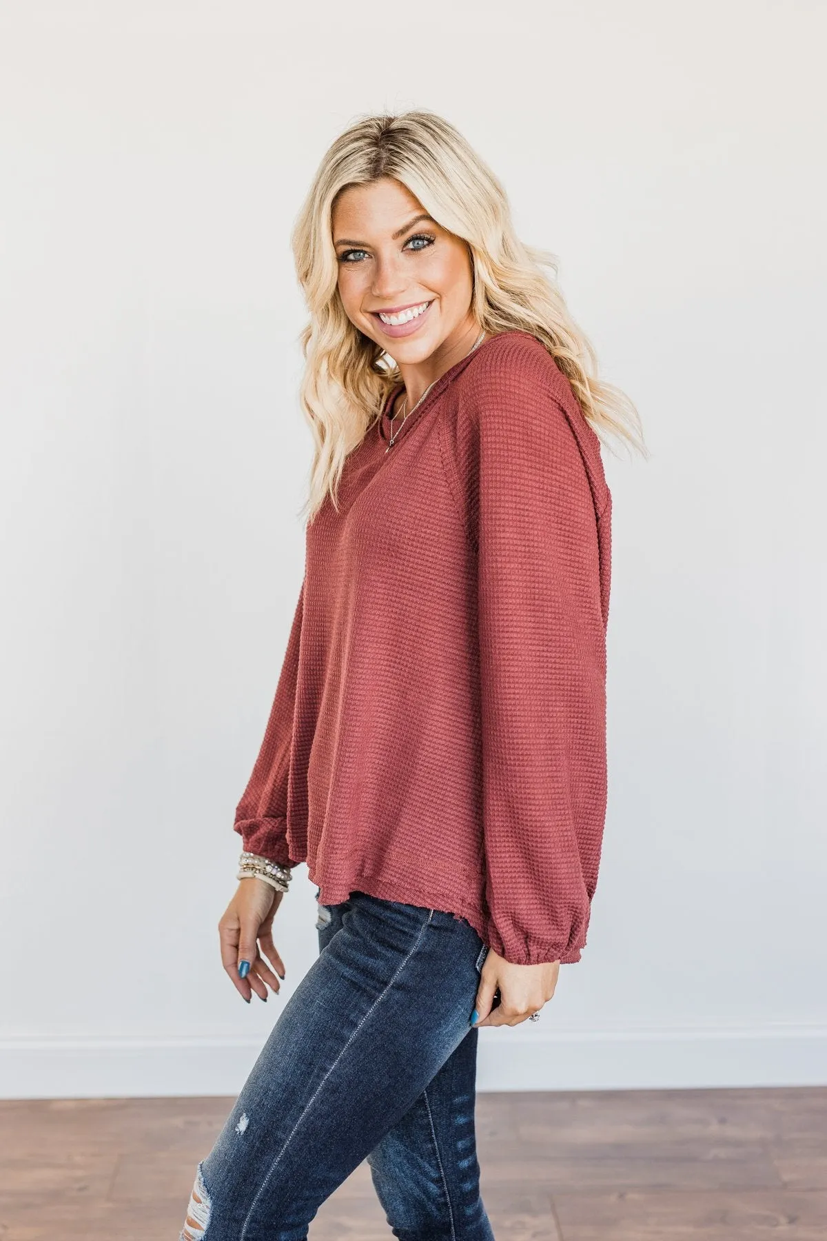 Out Of The Woods Waffle Knit Long Sleeve Top- Burgundy