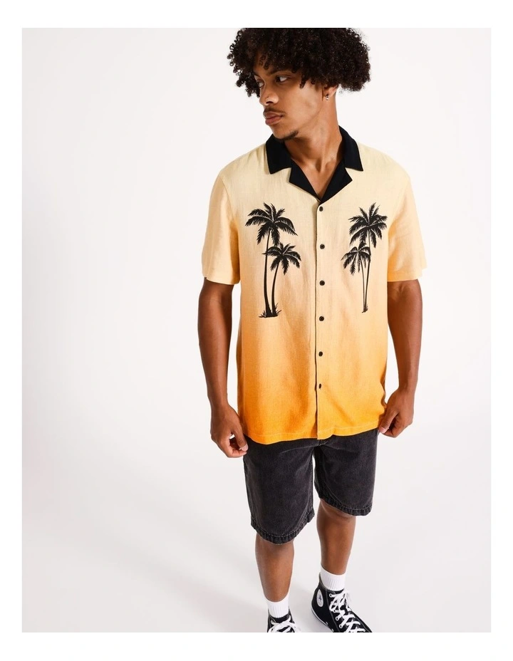 Palm Print Dip Dye Bowling Short Sleeve Linen Blend Shirt in Orange