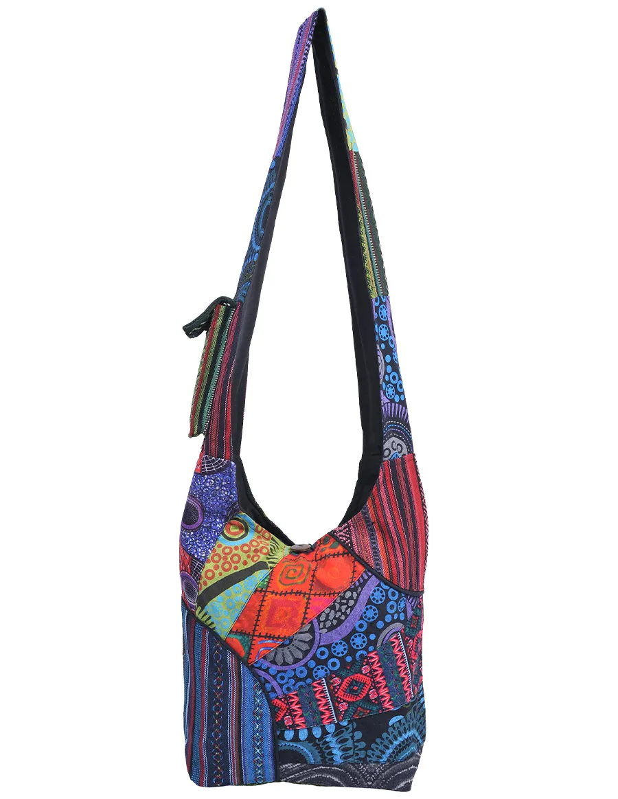 Patched Graphic Print Cotton Hippie Hobo Bag