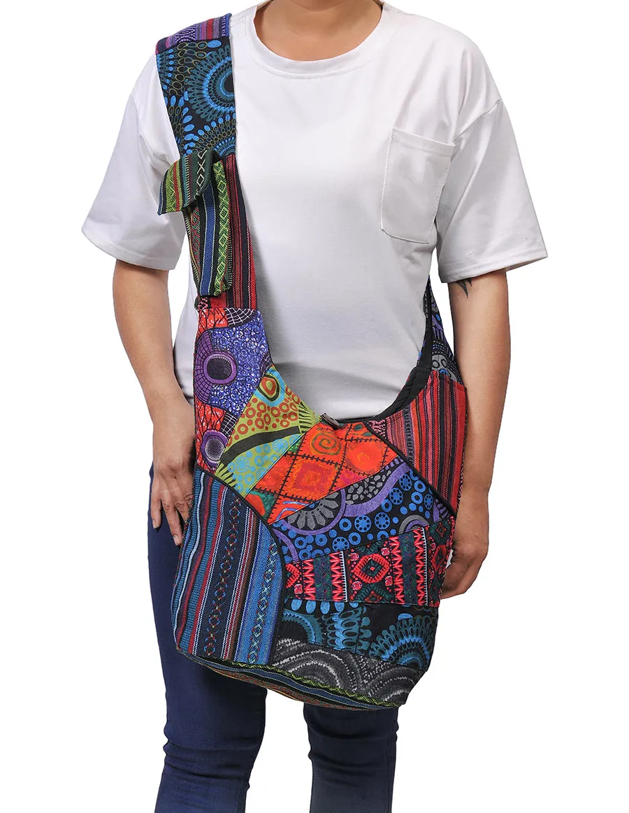 Patched Graphic Print Cotton Hippie Hobo Bag