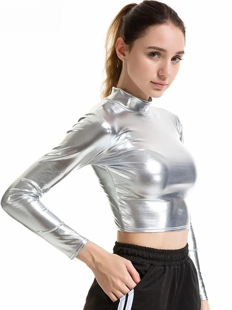 PU Short Long Sleeve Crop Top