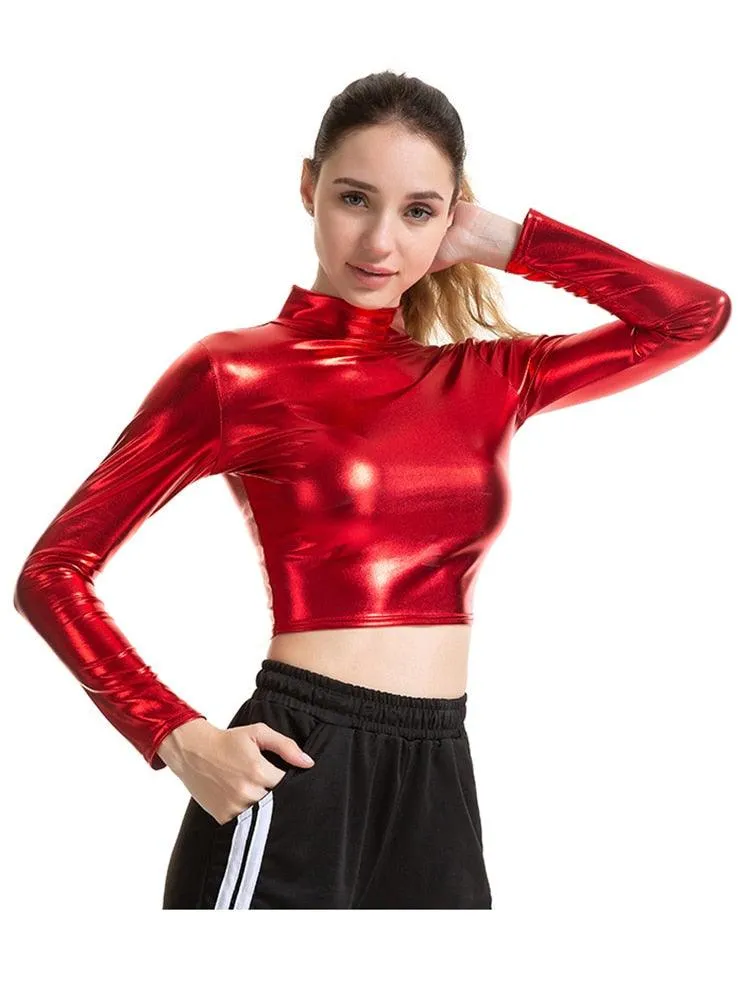 PU Short Long Sleeve Crop Top