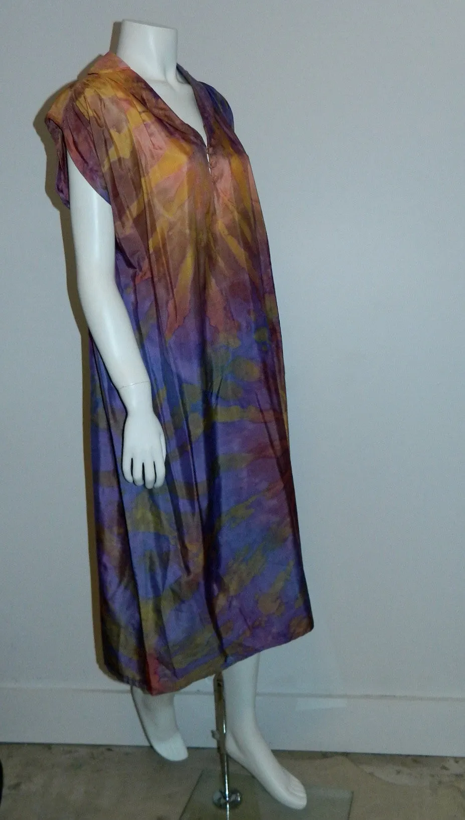 purple sunset SILK Hand Dyed poets dress / vintage 1970S Hippie / artist made OOAK