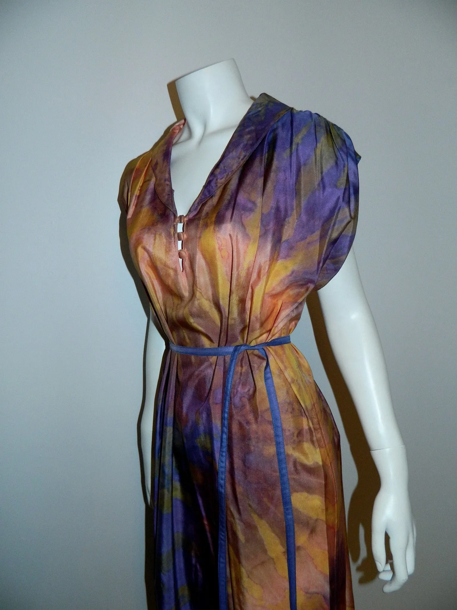 purple sunset SILK Hand Dyed poets dress / vintage 1970S Hippie / artist made OOAK