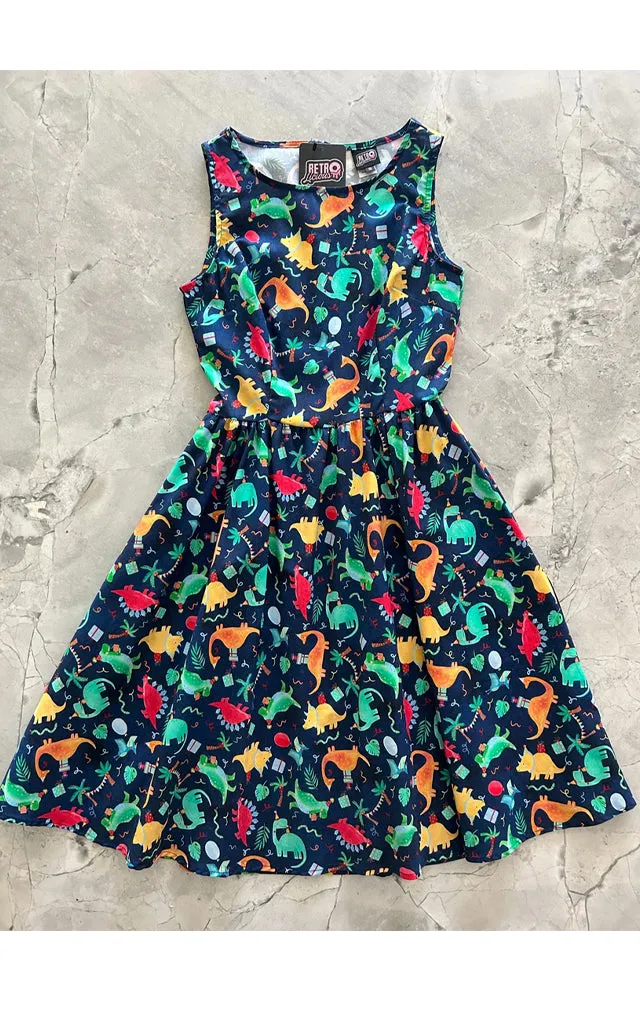 Retrolicious Vintage Dress in Party Dinos Print - L & 1XL left only